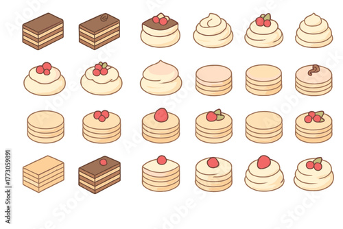 Colorful array of delicious desserts on a white background showcasing various cake and cream styles