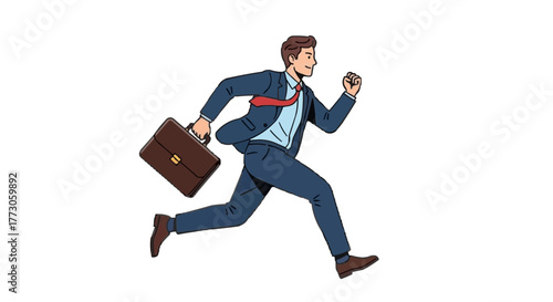A cartoon businessman in a suit runs with a briefcase, depicting urgency and determination, on black studio background.