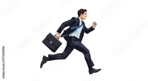 Cartoon illustration of a businessman running quickly while holding a briefcase, with a focused expression and dark suit.