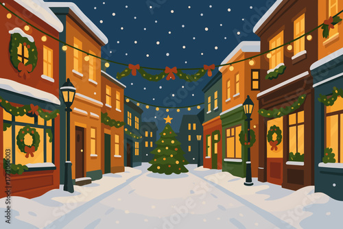Winter street decorated with Christmas lights and a tree in a cozy village setting at night