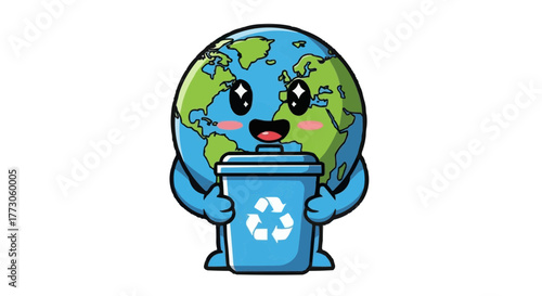 Cute Earth cartoon character is holding a recycle bin, advocating for environmental conservation and sustainability.