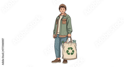 A person stands casually, wearing an open green jacket and holding a reusable shopping bag with a recycling symbol.