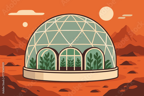 Futuristic greenhouse structure on Mars with vibrant plants and a dramatic sunset