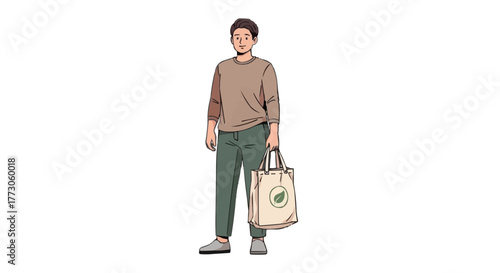 A person carries a beige tote bag with a green leaf logo. They appear to be casual and eco-conscious in their style.