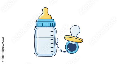 A charming illustration featuring a baby bottle and pacifier in soft blues and yellows, ready for a newborn.