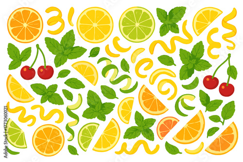Colorful citrus fruits and mint leaves arranged in a vibrant pattern on a white background showcasing freshness and nature's bounty
