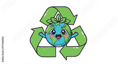 A cartoon Earth with leaves smiles in front of the recycling symbol, promoting environmental awareness and conservation.