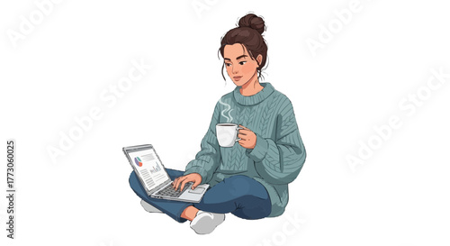 A woman with a laptop and a hot beverage, sitting cross-legged. She is wearing a sweater and working from home.