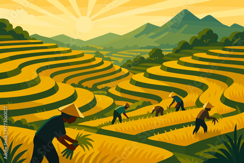 Farmers harvest rice in lush terraced fields during golden sunset in a mountainous region