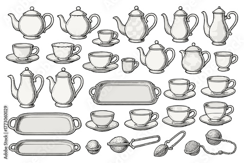 Various styles of teapots, cups, and serving trays for tea time gatherings and events