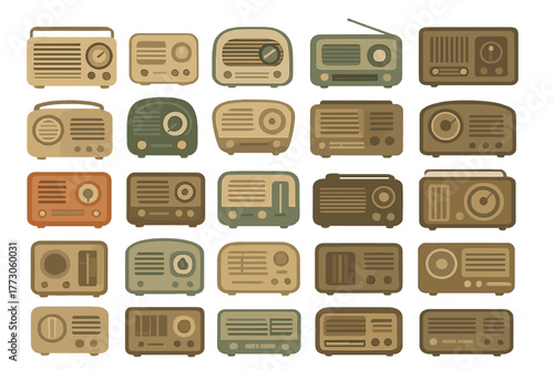 Vintage radio designs featuring various colors and styles on a simple background