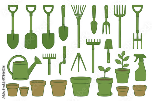 Variety of gardening tools and pots arranged neatly against a white background