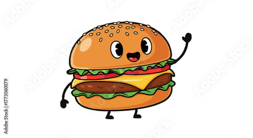 Meet this cheerful burger cartoon character! It's a classic comfort food with a whimsical twist and is incredibly cute.