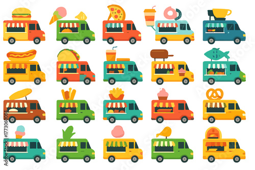 Colorful food trucks offering a variety of tasty snacks and meals at a vibrant street festival event