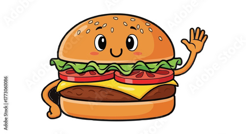 An animated burger with a smiling face and waving arm creates a fun and inviting food-themed visual on a transparent background.