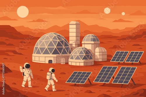 Future Mars colony with astronauts exploring solar panels and habitat domes at sunset