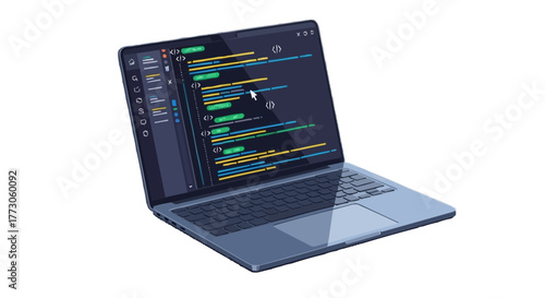 Laptop displaying lines of colorful code with a side panel showcasing various design elements for a modern interface.