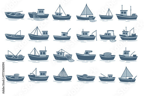 Various fishing boats in different styles floating on calm waters during daytime