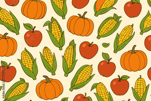 Colorful autumn harvest pattern featuring pumpkins, apples, and corn on a light background