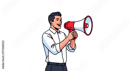 Enthusiastic man with a megaphone making an important announcement, conveying a message clearly and effectively.