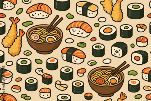 Colorful sushi and noodle pattern showcasing various Japanese dishes on a cream background