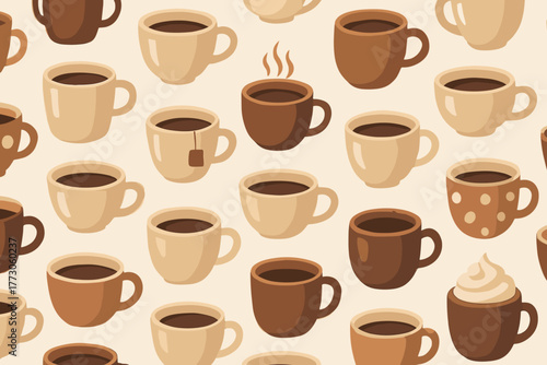 Coffee cups in various styles and colors create a warm and inviting pattern for cozy moments at any cafe or home setting