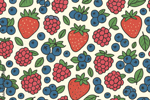 Colorful pattern of strawberries, raspberries, and blueberries on cream background showcasing summer fruits