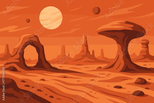 Desert landscape under an orange sky with large rock formations and distant planets visible