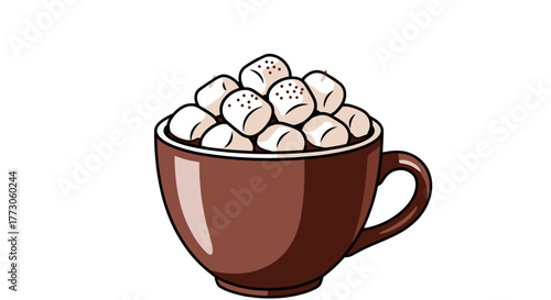 A steaming mug brimming with hot chocolate and topped with a generous pile of marshmallows, inviting and delicious.