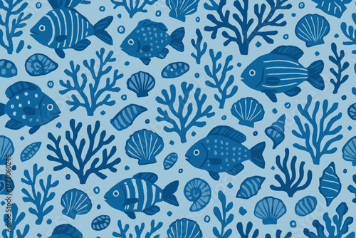 Colorful underwater scene featuring fish and coral in shades of blue and white with seashells on a light background