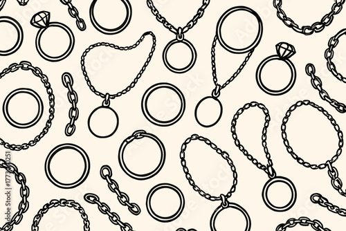 Jewelry design patterns featuring rings, chains, and pendants on a light background