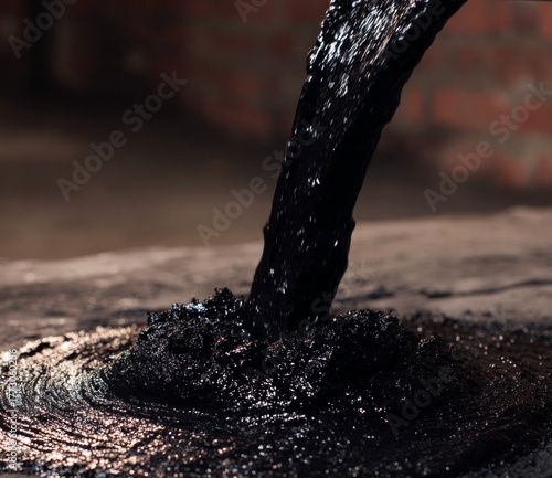 Black Pavement pouring: The captivating image showcases the industrial process of pouring hot, viscous asphalt onto the ground.