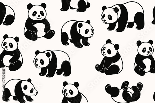 Pandas playing and lounging in a playful design featuring various cute panda poses on a light background