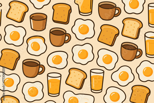 Breakfast pattern with eggs, toast, and drinks on a light background in a fun and colorful design