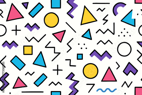 Colorful geometric patterns with shapes and lines create a vibrant and playful design on a white background