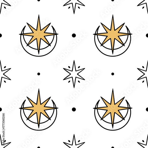 Astrological seamless pattern with crescent moon and stars on a white background. Celestial vector design for wrapping paper, scrapbook, fabric, or textile.