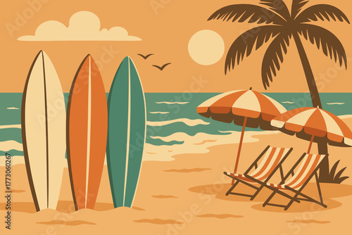 Summer beach scene with surfboards and umbrellas at sunset creating a relaxing vacation atmosphere