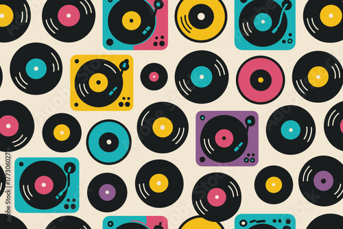 Colorful pattern featuring vinyl records and turntables on a light background