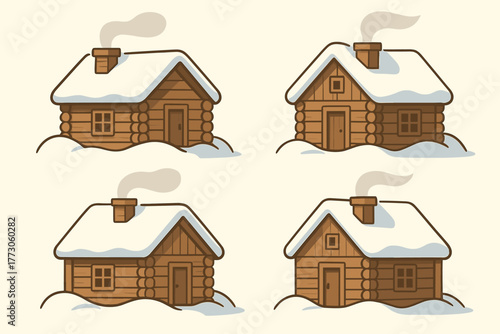 Winter scene showcasing four cozy wooden cabins covered in snow with smoke rising from chimneys in a serene countryside setting