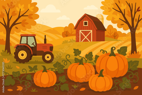 Pumpkin harvest scene with tractor and barn in a colorful autumn landscape