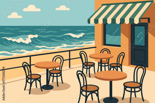 Outdoor seating area by the ocean on a sunny day with inviting bistro tables and chairs