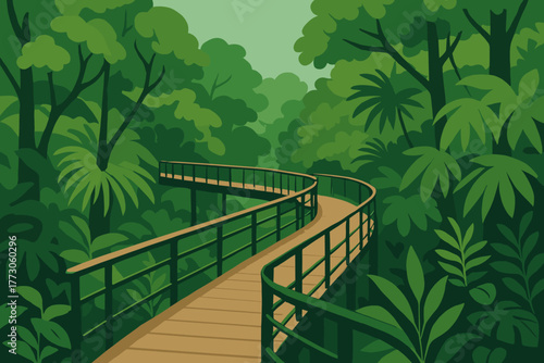 Winding walkway through lush green jungle under bright natural light in a serene ecosystem