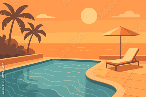 Relaxing sunset by the pool with palm trees and ocean view