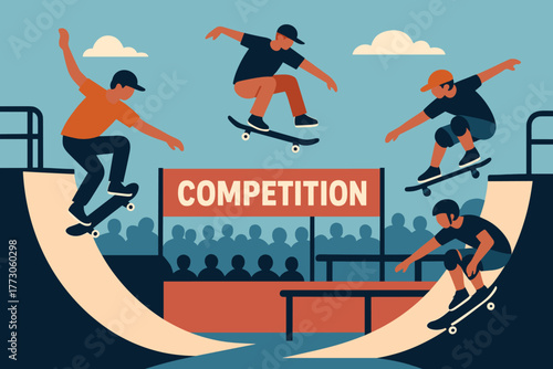 Skateboarders competing in a vibrant skate park during a lively competition