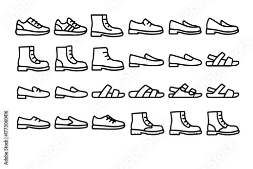 Minimalist footwear icon set – line art shoes, boots, and sandals