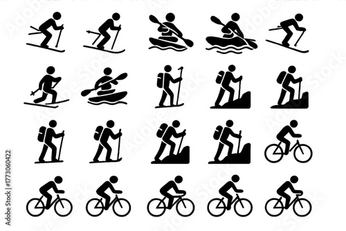 Outdoor adventure activity icon set – skiing, kayaking, hiking, biking