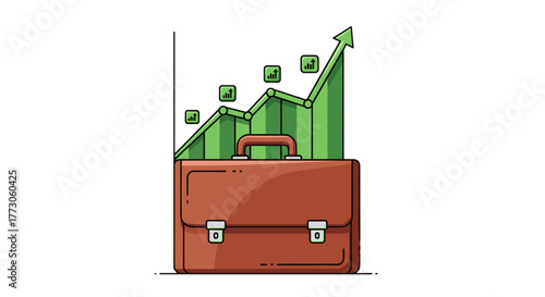 Illustration of a business briefcase overlaid with a growing chart line representing financial gain and market rise.