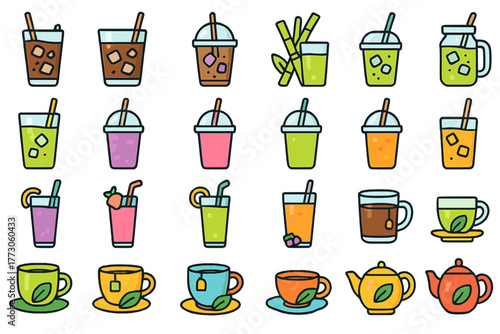 Colorful collection of various drinks including smoothies, teas, and iced beverages on a bright background