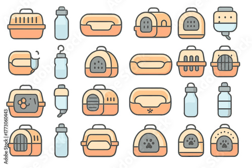 Various pet carriers and water bottles arranged in neat grid layout for easy viewing and selection