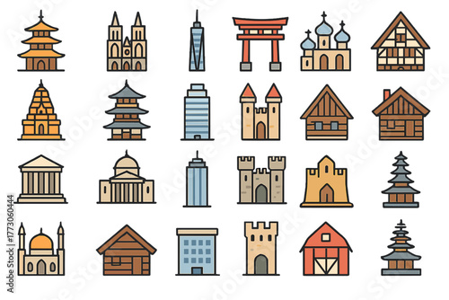 World architecture icon set featuring famous global building styles